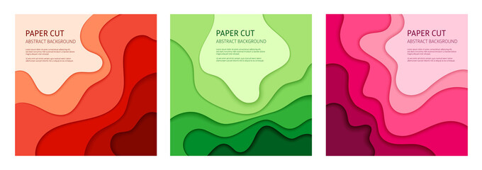 3d effect abstract background. Colorful cut out paper, set of 3 vector design templates.