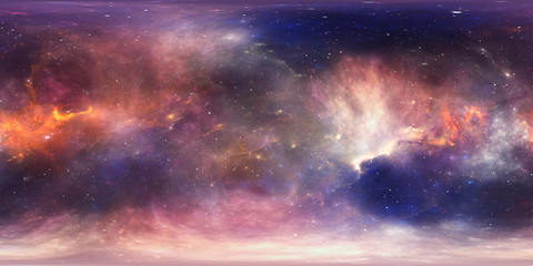 360 degree space nebula panorama, equirectangular projection, environment map. HDRI spherical panorama. Space background with nebula and stars