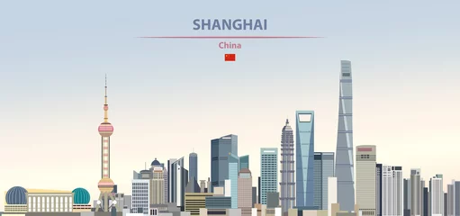 Foto op Plexiglas Vector illustration of shanghai city skyline on colorful gradient beautiful daytime background © brichuas