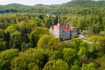 Fototapeta na wymiar Aerial view of castle-palace of the Count Schonborn near Mukachevo, Zakarpattia region, Ukraine.
