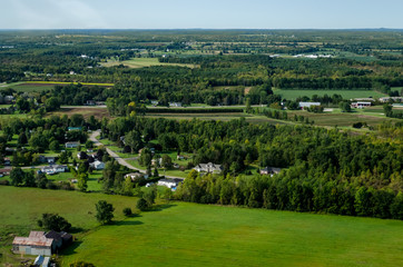 Aerial view of farmland and homes