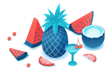 Fruits isometric set with watermelon, pineapple, coconut, cherry, red, citrus slice, summer background elements, tropical food and drink concept, vector 3d illustration