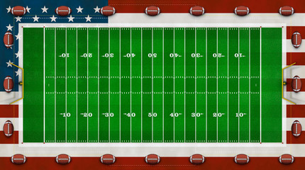 American Football Field, US Flag, Footballs Composite – 3D Illustration
