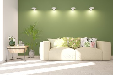 Stylish room in green color with sofa. Scandinavian interior design. 3D illustration