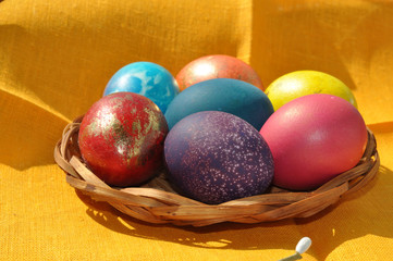 colorful easter eggs in basket