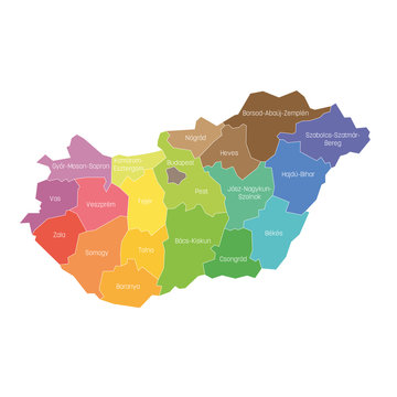 Counties of Hungary. Map of regional country administrative divisions. Colorful vector illustration