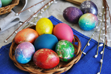 colorful easter eggs in basket