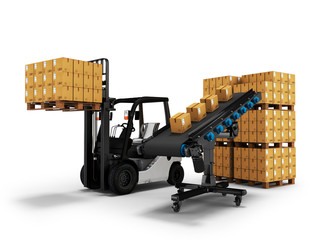 Naklejka premium The concept of placing pallet of goods with forklift from conveyor 3d render on white background with shadow