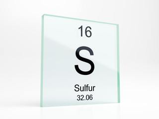 Sulfur element symbol from periodic table on glass icon - realistic 3D render