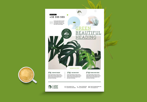 Minimalist Flyer Layout with Green and Circular Accents