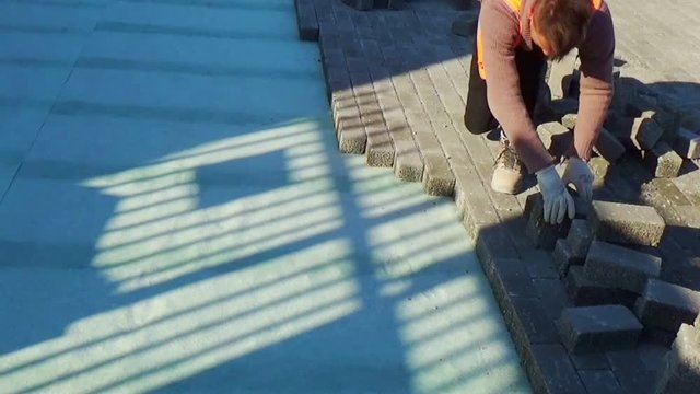 Construction worker laying interlocking paving concrete onto sheet nonwoven bedding sand and fitting them into place.