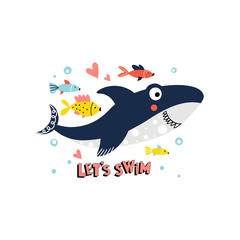 Cute swimming shark and text