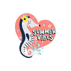 Fototapeta premium Funny seahorse and text childish illustration