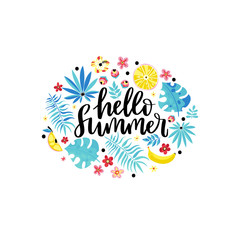 Hello summer card with tropical plants