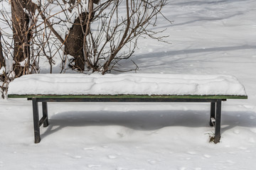 A wooden painted green color beautiful bench with black iron legs with white snow in a park in winter