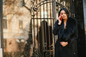 stylish and luxurious girl in the autumn city use the phone