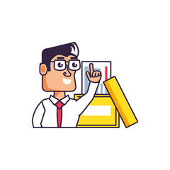 businessman with hand up and document in box office