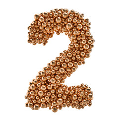 Golden number 2 from gold balls, 3D rendering