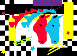 Abstract artistic horses heads with pop art colorful energy background, vector illustration