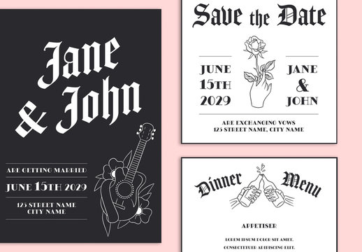 Black and White Wedding Suite with Thin Line Illustrations