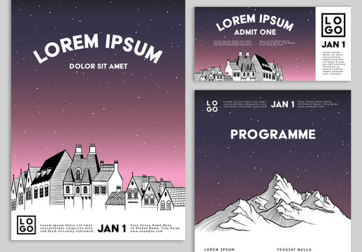 Event Promotion Set with Illustrated House and Mountain Imagery