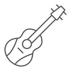 Guitar thin line icon, melody and play, music instrument sign, vector graphics, a linear pattern on a white background.