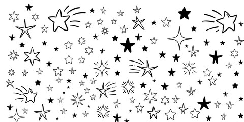 Hand drawn doodle stars, vector collection. Star background pattern.