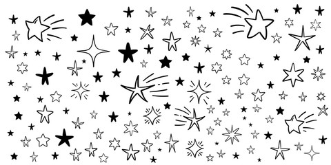 Hand drawn doodle stars, vector collection. Star background pattern.