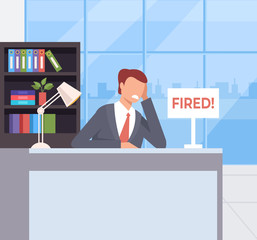 Sad unhappy office worker character fired dismiss. Unemployment concept. Vector flat cartoon graphic design illustration concept