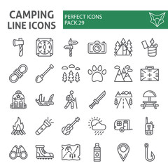Camping line icon set, hiking symbols collection, vector sketches, logo illustrations, travel signs linear pictograms package isolated on white background.