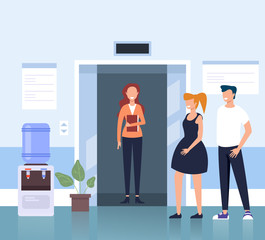People workers character waiting elevator in business center hall. Vector flat cartoon graphic design illustration concept © PrettyVectors