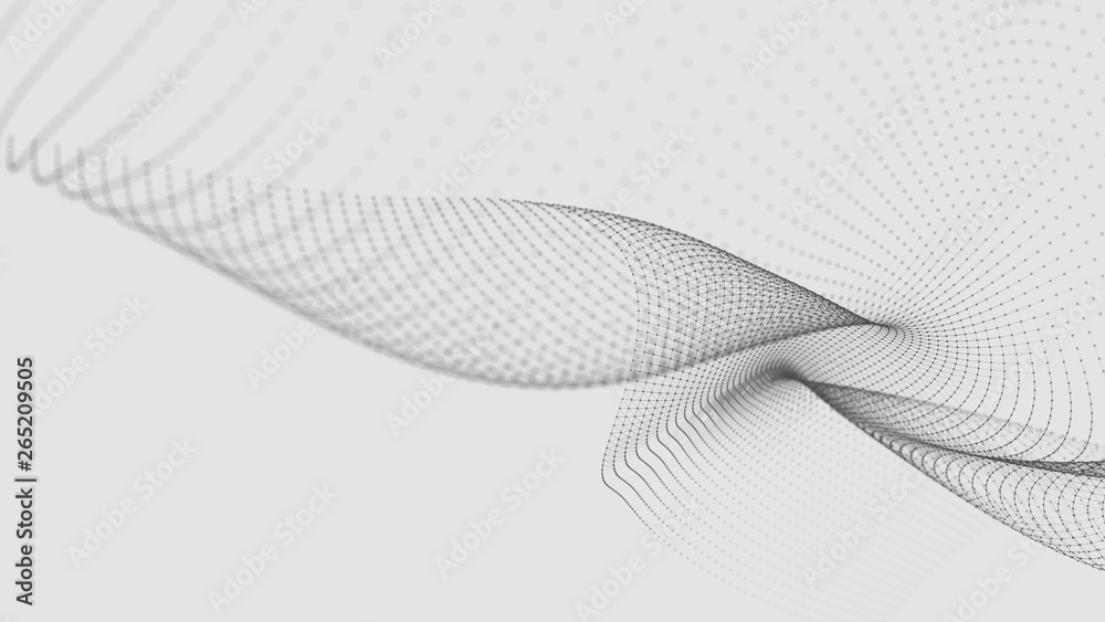 Poster A wave of particles. Futuristic dot wave on white background. Dynamic wave. Wave 3d