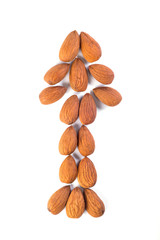 Nuts on white background. Almonds, healthy food, arrow symbol, top view