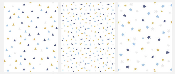 Set of 3 Geometric Seamless Vector Pattern with Blue, Gold and Gray Dots, Triangles, Stars Isolated on a White Background. Simple Lovely Confetti Rain. Bright Starry Layout. Cute Doted Vector Design.