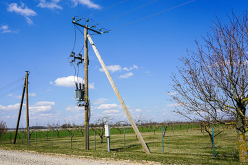 Fototapeta na wymiar wooden power line pole with electric transformer in rural area
