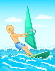 Obraz premium Windsurfer boy Windsurfing surface water sport vector illustration
