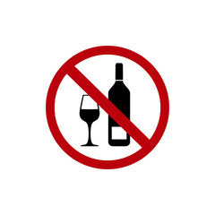 No drinking alcohol or wine with red banned sign and wineglass and bottle flat vector icon