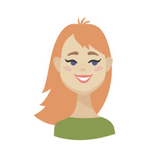 Cute cartoon Emoji character. Flat vector illustration of girl's emotional face. Isolated smiling redhead girl avatar.