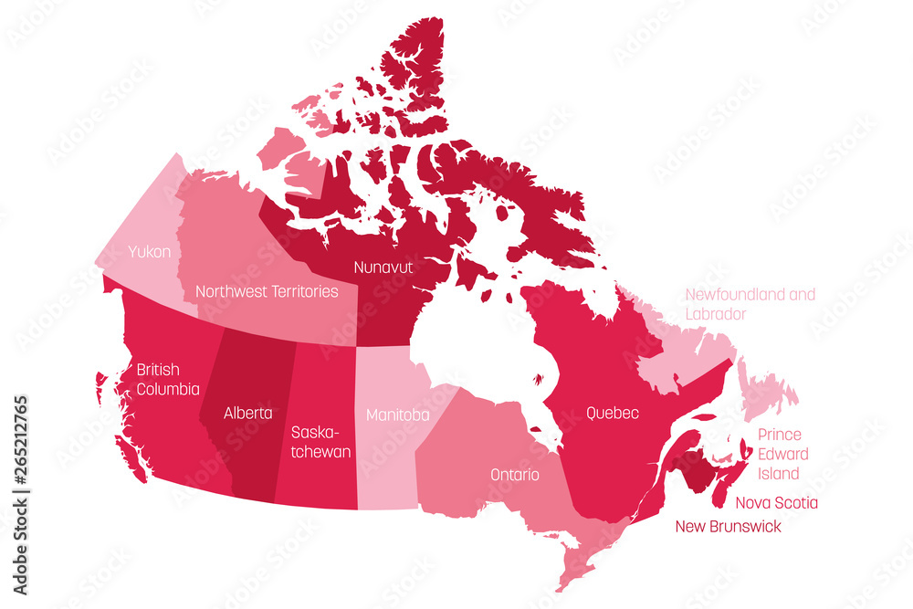 Poster Map of Canada divided into 10 provinces and 3 territories. Administrative regions of Canada. Pink map with labels. Vector illustration - Posters