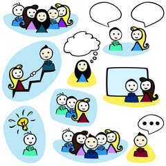 set_9_icons_stick person_female_male_colorful_speach ballon_stair_light bulb_presentation_think__by jziprian