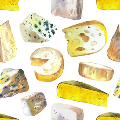 Seamless watercolor background with different noble cheeses: camembert, gouda, parmesan, blue, edammer, maasdam, brie, roquefort. Snack bar. Farm dairy products. Fresh organic food.