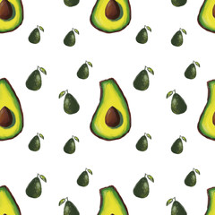 Seamless pattern of cute half of avocado cartoon hand drawn digital illustration imitation oil on canvas 