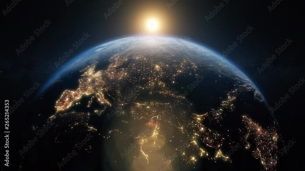 Wall mural planet earth from space. beautiful sunrise world skyline. planet earth rotating animation. clip cont