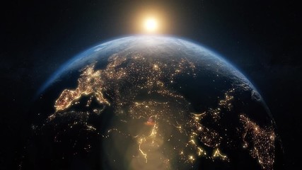 Planet earth from space. Beautiful sunrise world skyline. Planet earth rotating animation. Clip contains space, planet, galaxy, stars, cosmos, sea, earth, sunset, globe. 4k 3D Render. Images from NASA - Powered by Adobe