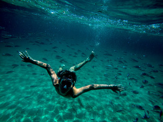 sous-marin, eau, mer, plongée en apnée, aqualung, plongeant, nage, plongeur, bleu, océan,...