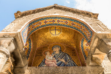 Athens, Greece. Mosaic of the Madonna and child at the south portico of the Church of Panagia...