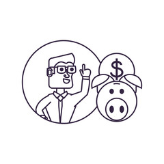 businessman elegant with hand up and piggy bank