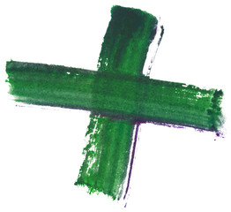 watercolor cross drawn with brush strokes plus sign.