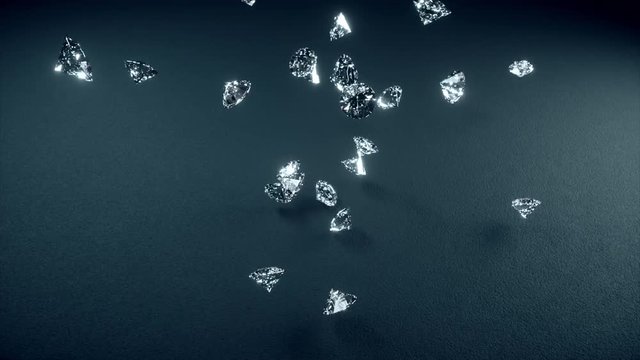3D render, diamonds falling and beat on the gray texture surface in slow motion