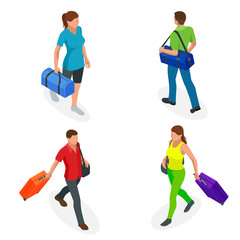 Isometric people with travel bag traveling on vacation. Character set. Active recreation, hiking and adventures.